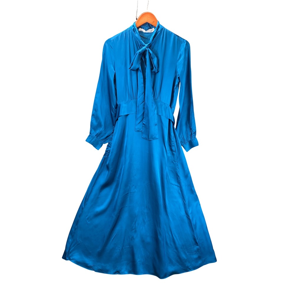 Zara Tie Neck Satin Maxi Dress Womens S Blue Long Sleeve Elegant Party Formal